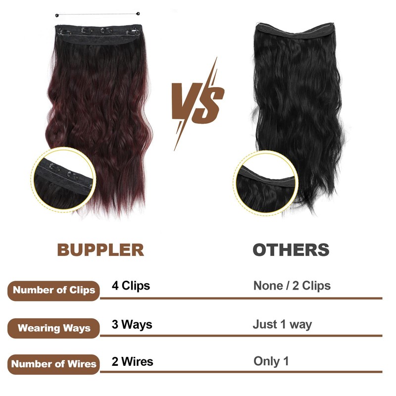 BUPPLER 20 Inch Invisible Secret Hair Extensions Adjustable Long Wavy