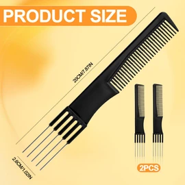 2pcs Double-Head Parting Teasing Comb, Black Metal Teasing Combs for Women Fine Tooth Comb Hair Forking Comb Prong Pick Combs Parting Comb Styling Comb with Metal Pick for Women