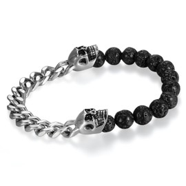 Stainless SteelSkull Bracelet, Cupimatch Mens Skull Bracelet 8mm Buddha Black Beads Stretch Gothic Jewelry (Silver Link)