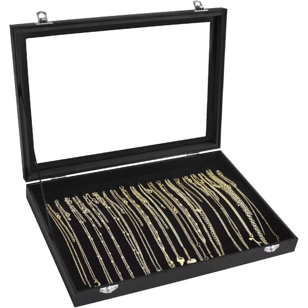 Branded Necklace Organizer Box with Clear Lid Velvet Tray for