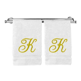 Toalla de mano con monograma, regalo personalizado, 16 x 30 pulgadas, juego de 2 toallas bordadas doradas, extra absorbentes, 100% algodón turco, acabado de rizo suave, para baño, cocina y spa, color blanco