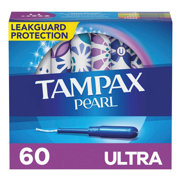 Tampax Pearl Tampons, with LeakGuard Braid, Ultra Absorbency, Unscented, 60 Count