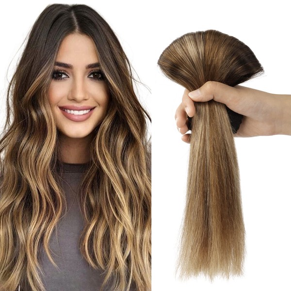 Clip in Hair Extensions, 18 inch Dark Brown to Chestnut Brown and Dirty Blonde Highlighted Hair Extensions Clip in Human Hair Lashey Hair Extensions Real Human Hair 120g 7pcs