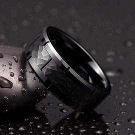 THREE KEYS JEWELRY Tungsten Carbide Mens Hammered Wedding Band Ring Polish for Men Inlay Engrave Engagement Black size 10.5