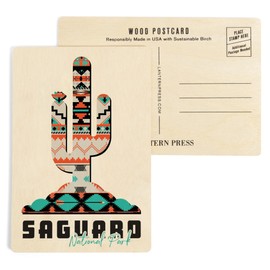 Saguaro National Park, Arizona, Saguaro Cactus, Tribal Inspired Pattern (4x6 Birch Wood Postcards, 2-Pack Stationary, Rustic Home Wall Decor)
