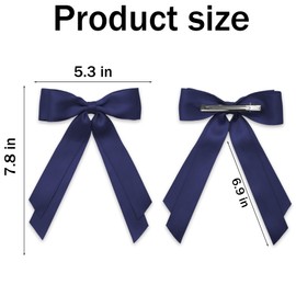 Navy Blue Hair Bows for Women 3PCS Soft Bow Hair Clips with Metal Clips Long Tail 5.5" Solid Satin Polyester Ribbon Ponytail Holder Hair Accessories for Girls Teen