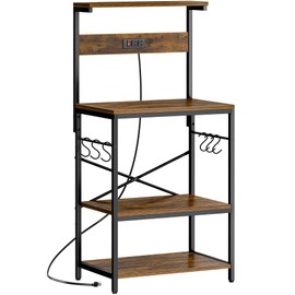 SUPERJARE Kitchen Bakers Rack with Power Outlet, Coffee Bar Table 4 Tiers, Kitchen Microwave Stand with 6 S-shaped Hooks, Storage Shelf Rack for Spices, Pots and Pans - Rustic Brown