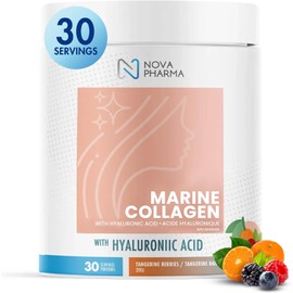NOVA PHARMA Marine Collagen Powder with Hyaluronic Acid - Hydrolyzed Collagen Peptides Protein Powder Supplement for Anti-Aging, Skin Health, Nail & Hair Growth, 30 Servings (Tangerine & Berries)