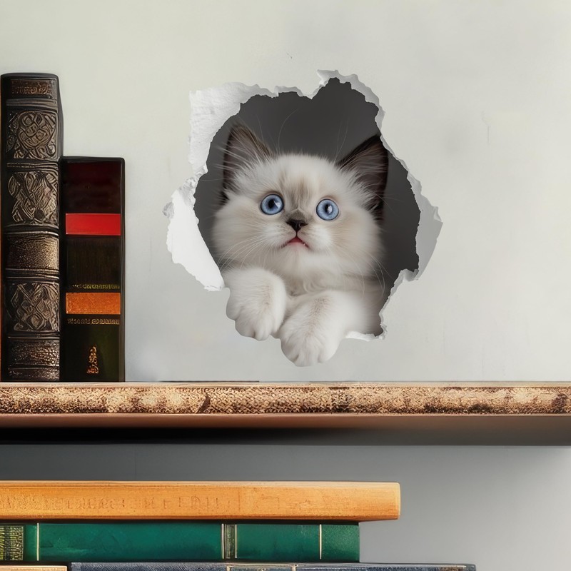 White Cat Decal - Wall Hole Sticker with 3D Effect