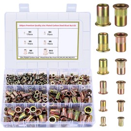 Set of 300 Rivet Nuts, Blind Rivet Nuts, Flat Head Threaded Sleeves, Screw-In Nut Assortment, Carbon Steel Colour Zinc Rivet Nuts - M3/M4/M5/M6/M8/M10