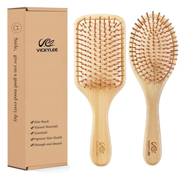 VICKYLEE 2PCS Large Natural Wooden Bamboo Hair Combs set (Rectangle+Oval) Bamboo Bristle Detangling Hairbrush for Women, Men Reduce Frizz, Massage Scalp for Straight Curly Wavy Dry Wet Thick or Fine Hair