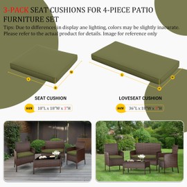 Pakunoda 3 Pack Outdoor Replacement Cushions, Fit for 4-Seater Wicker Rattan Patio Conversation Set, 36x18x3,18x18x3, Liner & Cover