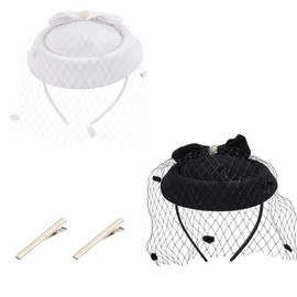 AHANDMAKER 2 Sets Fascinator Hat for Women Tea Party Hats Flapper Headpiece 20s 50s Hat Pillbox Hat with Veil for Wedding Mardi Gras Cocktail, Black and White