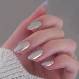 Press on Nails Short Oval MABKJLF Fake Nails Green Flash Full Cover Glue on Nails Aurora Green Glossy False Nails with Nail Glue Acrylic Nails Manicure Artificial Nails for Women Girls 24Pcs