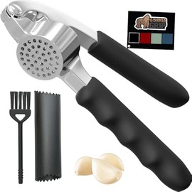 GORILLA GRIP Garlic Press and Peel Set, Heavy Duty Mincer Tool, Easily Mince and Crush Garlics, Ginger, Nuts, Seeds, Large Ergonomic Handle, Peeler Included for Peeling Cloves, Kitchen Gadgets, Black