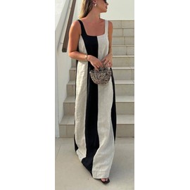 CHARTOU Women Summer Sleeveless Linen Dress Contrast Color Maxi Long Beach Vacation Tank Dress (Medium, Linen)