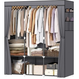 LOKEME Portable Closet, Wardrobe Closet with 3 Hanging Rods and 6 Storage Shelves and 4 Side Pockets, Gray Portable Closets for Hanging Clothes Easy to Assemble and Strong and Stable