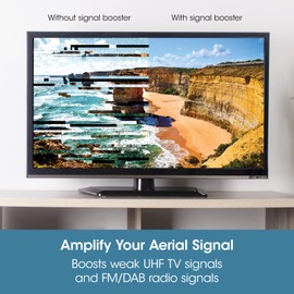 SLx TV Signal Booster Aerial Amplifier, 4G and 5G Filter, 1 Output, 1 Way Compact Amplifier Booster Box for Indoor TV Aerial, HD TV/Freeview, Variable Gain Control, White