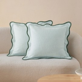 Double Stitch Scalloped Throw Pillow Covers - 100% Cotton Set of 2 Decorative Boho Pillow Covers 20 x 20, Made in India, Square Cushion Case, Modern Home Decor for Couch Sofa Living Room, Misty Blue