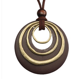 COOLLA Leather Cord Necklace Chain Multilayer Wooden Pendant Necklaces Vintage Jewelry Boho Long Sweater Necklace for Women Men (Wooden circle-Brown Bronze)