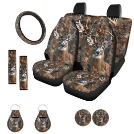ZFRXIGN Camo Deer Car Seat Covers Full Set Front Back Split Bench Protector Car Steering Wheel Cover Seatbelts Pads Coaster Keychains Universal Fit Truck, SUV, or Van Forest Hunting Camouflage Brown