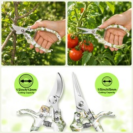 Garden Pruning Shears 2 Pack, Bypass Pruning Shears and Straight Garden Scissors, Easy Lock, Floral Patterns, Professional Garden Clippers for Plants and Flowers (Bypass and Straight)