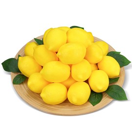 Lorigun 48 Pcs Fake Yellow Lemons with Leaves, Artificial Yellow Lemons Faux Decorations for Summer Party Table Centerpieces