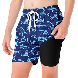 Bathing Suits for Big Boy Funny Sharks Swim Trunks with Compress Kids Deep Blue Quick Dry Swimming Wear Size 14-16 Hawaiian Board Shorts with Pockets