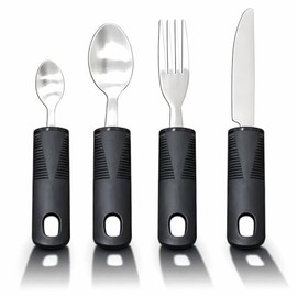 Disability Aids Easy Grip Eating Utensils Set of 4 – Extra Wide Handles, Adaptive Forks and Spoons for Adults, Comfortable Grips Ideal for Elderly, Disabled, Arthritis, Tremors (Straight)