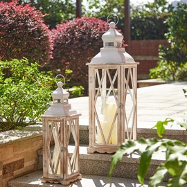 Glitzhome Large Farmhouse Wooden Metal Lantern Set of 2, 28.74" H/20.47" H Rustic Decorative Floor Candle Lanterns, Distressed Hanging Lanterns for Home Décor White (No Glass)