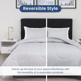 Martex 3-Piece Reversible Comforter Set – Full/Queen Comforter Set – for Full Size Bed & Queen Size Bed - Versatile Room Decor – Durable Bedding Set – Machine Washable – Super Soft – Grey/Pinstripe