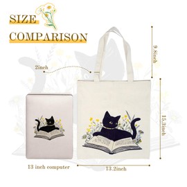 Avezano Tote Bag for Women Girls Cute Black Cat Floral Canvas Tote Bag Reusable Aesthetic Canvas Tote Bag for Shopping Work Travel
