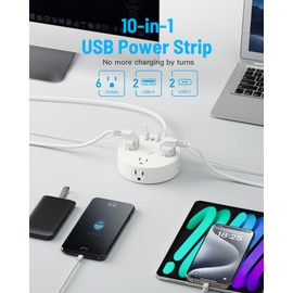 Yozisital 10FT 2 Prong Power Strip, Yozisital 2 Prong to 3 Prong Outlet Adapter, Flat Extension Cord, Surge Protector with Rotating Plug, 6 Outlets 4 USB(2 USB C), Wall Mount, Ideal for Non-Grounded Outlets