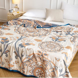 MEJU Mandala Flower Boho Muslin All Season Throw Blanket for Bed Sofa Couch, 100% Cotton 4 Layer Soft Warm Farmhouse Retro Throw Blanket Bed Coverlet Full Queen 80 in x 90 in