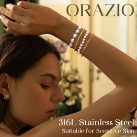 ORAZIO 4Pcs Gold Pearl Bracelet for Women 14K Gold Plated Pearl Bracelet Waterproof Stainless Steel Adjustable Layered Bead Paperclip Chain Bracelets Jewellery Set for Women B