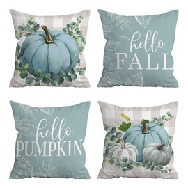Teal Pumpkin Fall Pillow Covers 16x16, Blue Fall Decor Farmhouse, Buffalo Plaid Fall Decorations for Home,Decorative Throw Pillow Covers Set of 4 for Couch Home Patio Outdoor Thanksgiving Autumn Decor