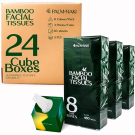 Premium Bamboo Facial Tissue | 3-Ply, Gentle Touch, Sturdy for Sensitive Skin | Tree-Free, Lint-Free | FSC Certified, BPA/PFAS-Free | 8 or 24 Cube Boxes (60 Sheets/Box) – Travel-Size | Palm Naki (24)