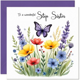 Beautiful Step Sisters Birthday Card with Flowers & Butterfly design - Floral Birthday Cards for Step Sister