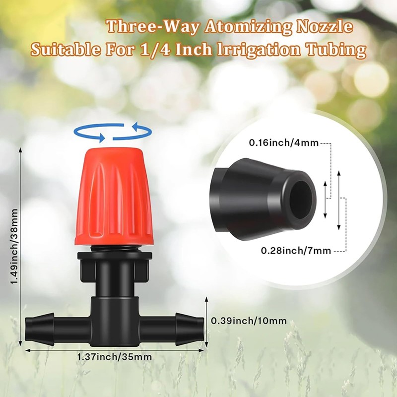 Irrigation Dripper Nozzles, 50-Pack, 1/4 Inch Three-Way Atomizing Sprayers, Adjustable