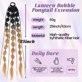 Long Braided Bubble Colored Hair Extensions, 25 Inches Bubble Kinky Rave Straight Ombre Lantern Braid Extension with Hair Tie Hairpieces for Girls Daily Wear (brown)