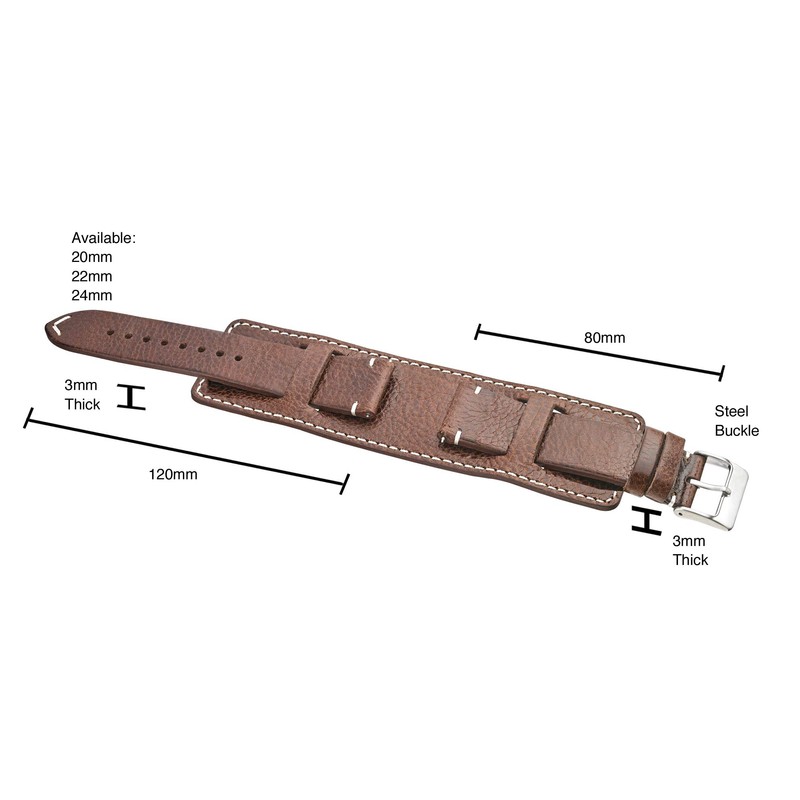 ALPINE Genuine Vintage Leather Cuff Watch Strap - Black, Brown,