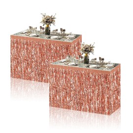2pcs Rose Gold Party Table Skirt Grass Table Skirt,Rose Gold Metallic Tinsel Foil Fringe Table Skirts Rose Gold Table Decorations for Birthday Wedding Engagement Bridal Shower Bachelorette Party Décor