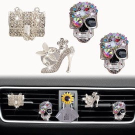 Bling Skull Air Vent Clips, 4 Pcs High Heel Shoe and Bag Car Air Fresheners Vent Clips Diamond Car Decoration Cute Car Interior Decor Bling Car Accessories for Women +Sunflower Mask Hook