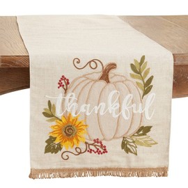 Fennco Styles Thankful Pumpkin Design Linen Blend Table Runner 16" W X 70" L - Natural Holiday Table Cover for Home Décor, Thanksgiving, Banquets, Family Gatherings and Special Occasions