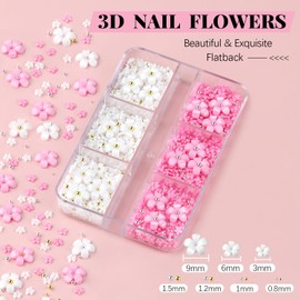 3D Flowers, Manicure Kit with Gel Glue, White Pink Acrylic Flower Nail Charms with Caviar Beads, Rhinestones + Gem Glue for Nails (UV/LED Needed) with Dotting & Pickup Tools