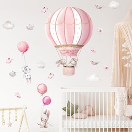 FUFUQUARE Pink Hot Air Ballon Wall Stickers Cartoon Rabbit Floral Butterfly Removable Wall Art Decals for Girls Baby Bedroom Living Room