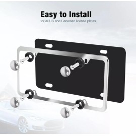 PHOTOVE 2Pcs Chrome Stainless Steel Metal License Plate Frame Tag Cover With Screw Caps