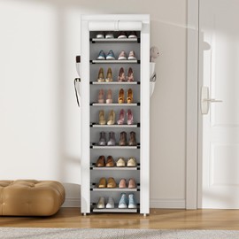 VILICK Shoe Rack with Cover Narrow Shoe Rack Organizer with 4 Side Pockets 10 Tier Tall Shoe Storage Shoe Shelf Holds 18-22 Pairs Shoes and Boots Shoe Rack for Closet, White