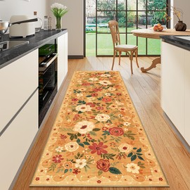 DUKINO Runner Rug, 2.6x8 Kitchen Rug for Hallway with Non Slip Backing, Washable Low Pile Soft Boho Floral Runner Carpet for Hallway, Kitchen, Entryway, Laundry, Bedroom, Orange