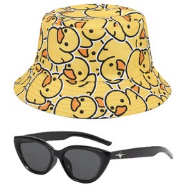 1 Double Sided Bucket Hat, 1 Sunglasses, Cartoon Yellow Duck Hat, Large Brim Sun Hat, Foldable Sun Hat, Beach Hat, Summer Leisure Hat